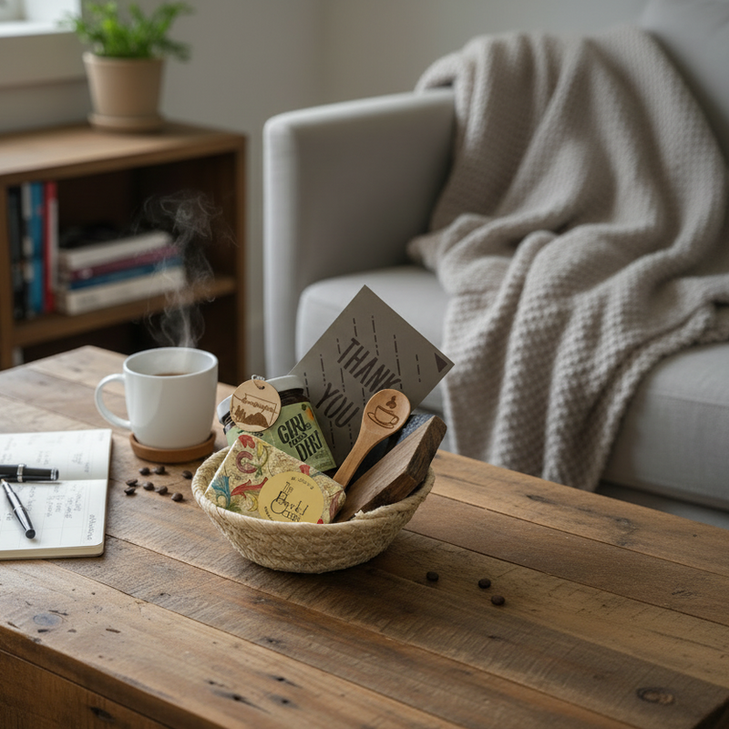 Bowl with tea bags, wooden spoons, and a mug on a wooden table with a cozy living room background.