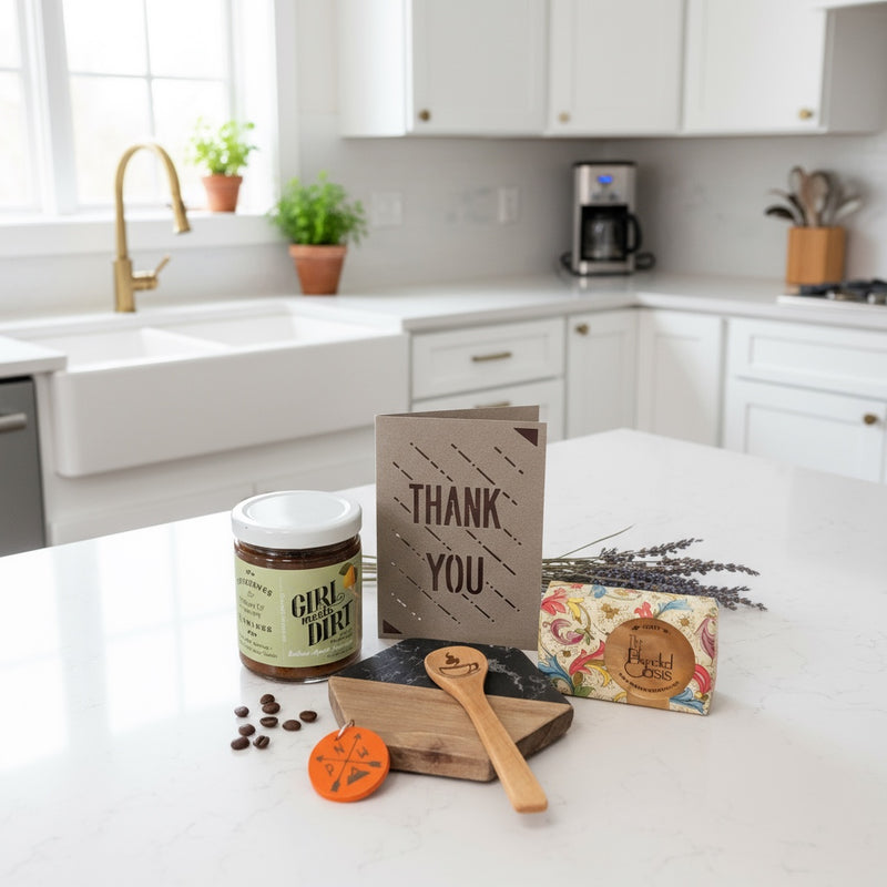 Kitchen counter with a jar, card, soap, and other items on a white countertop.