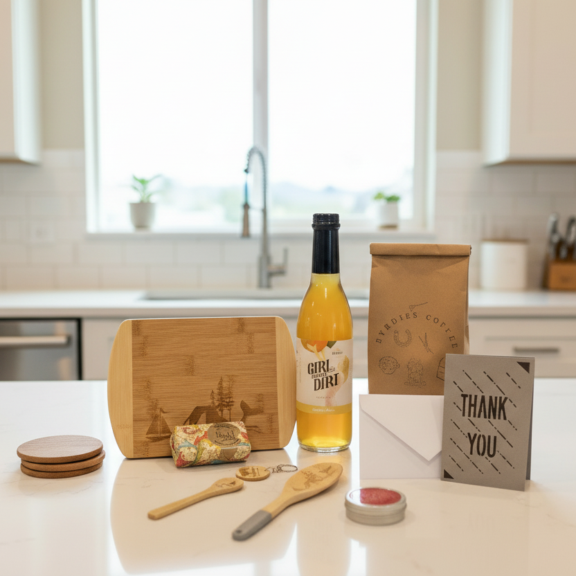Kitchen counter with shrub, coffee, coasters, spoon, package, and 'Thank You' card.