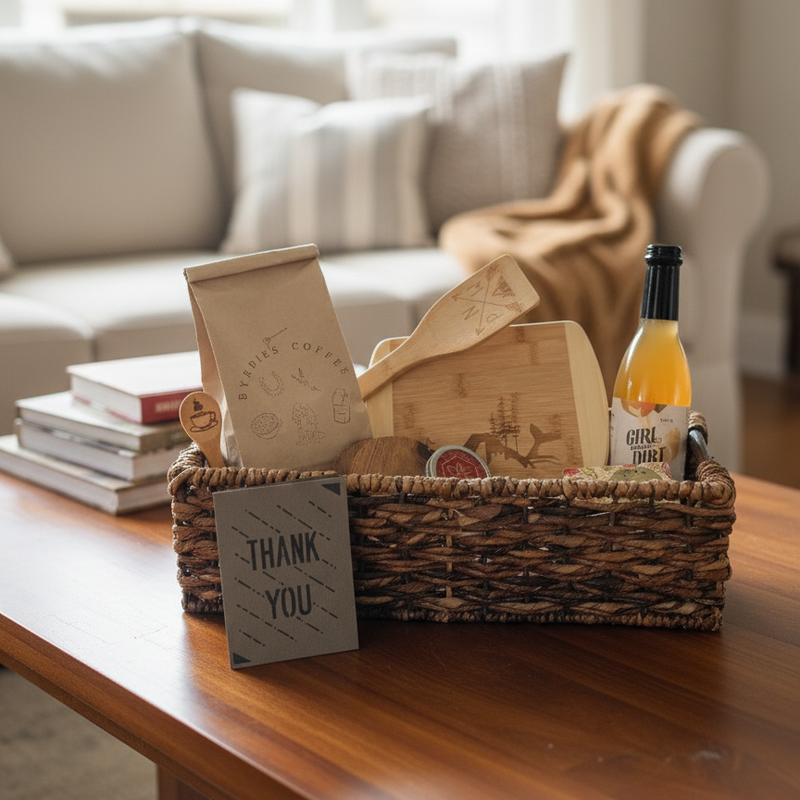 Wicker basket with books, a bottle of Girl Dink, and a 'Thank You' card on a wooden coffee table.