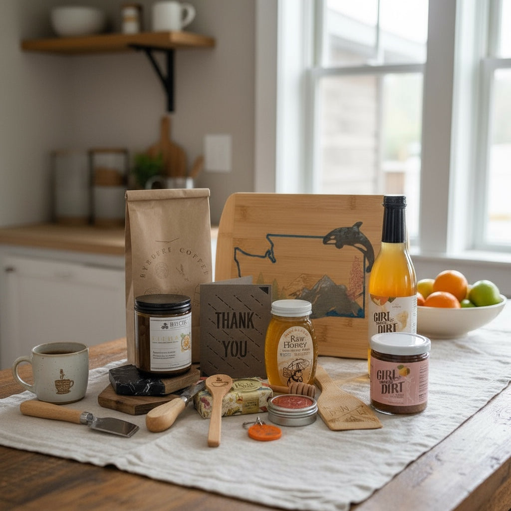 Premium real estate client gift basket custom engraved board Pacific Northwest
