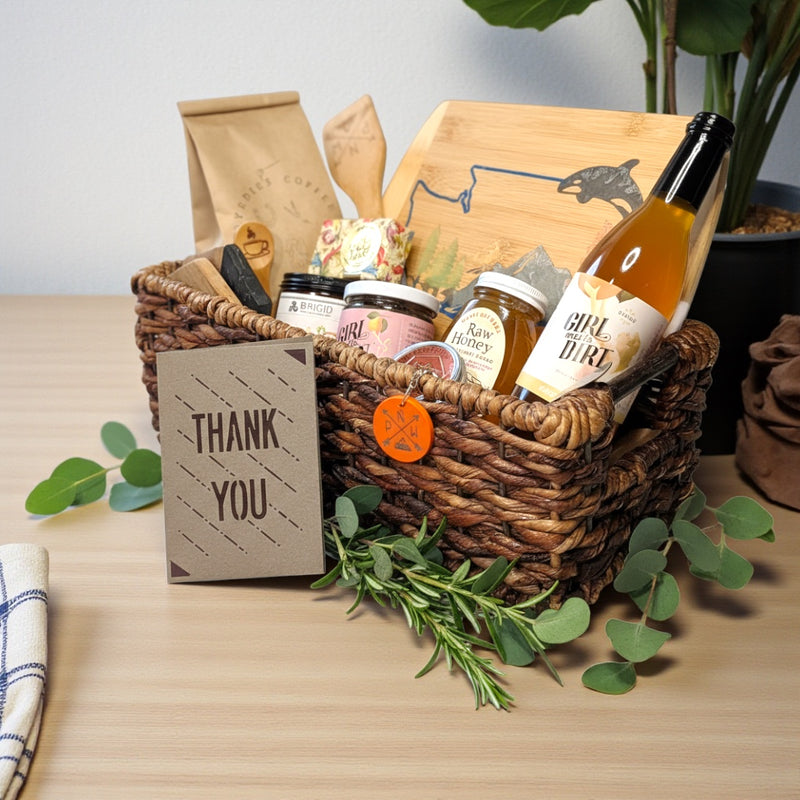 upscale elite luxury gift basket with epoxy resin board thank you honey coasters coffee local goods