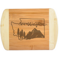 A premium engraved bamboo cutting board featuring an elegant script lettering design of Washington State accented with crisp pine tree and mountain silhouettes, handcrafted by The Blended Oasis in Washington State.