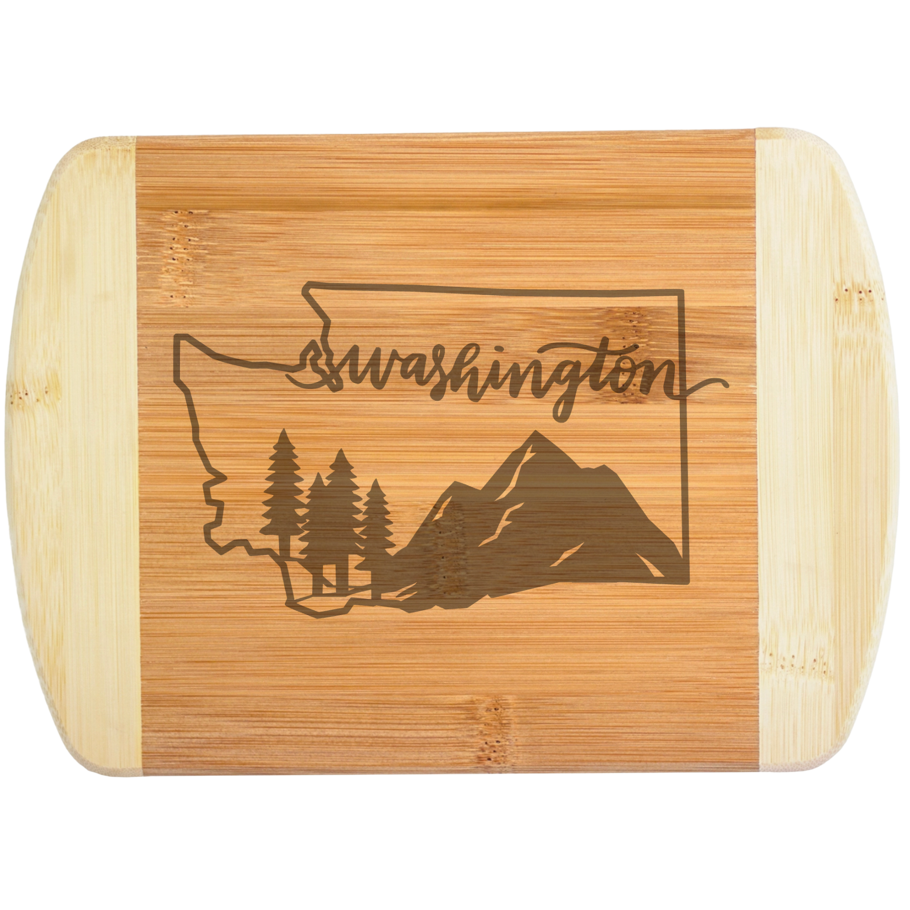 A premium engraved bamboo cutting board featuring an elegant script lettering design of Washington State accented with crisp pine tree and mountain silhouettes, handcrafted by The Blended Oasis in Washington State.