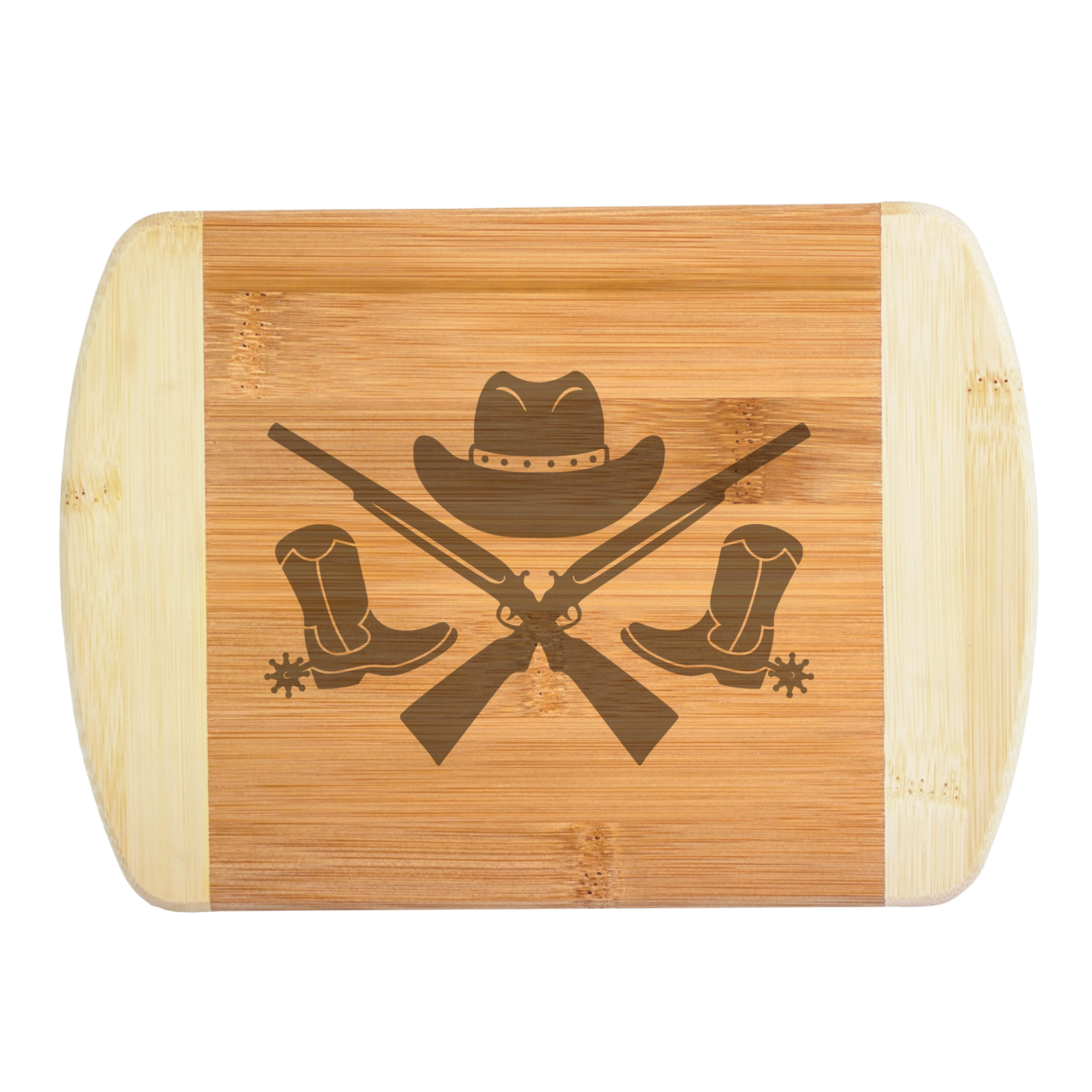 Close-up view of a custom laser-engraved bamboo cutting board featuring a detailed Western design with spurred boots, crossed rifles, and a cowboy hat, created by The Blended Oasis in Washington State.