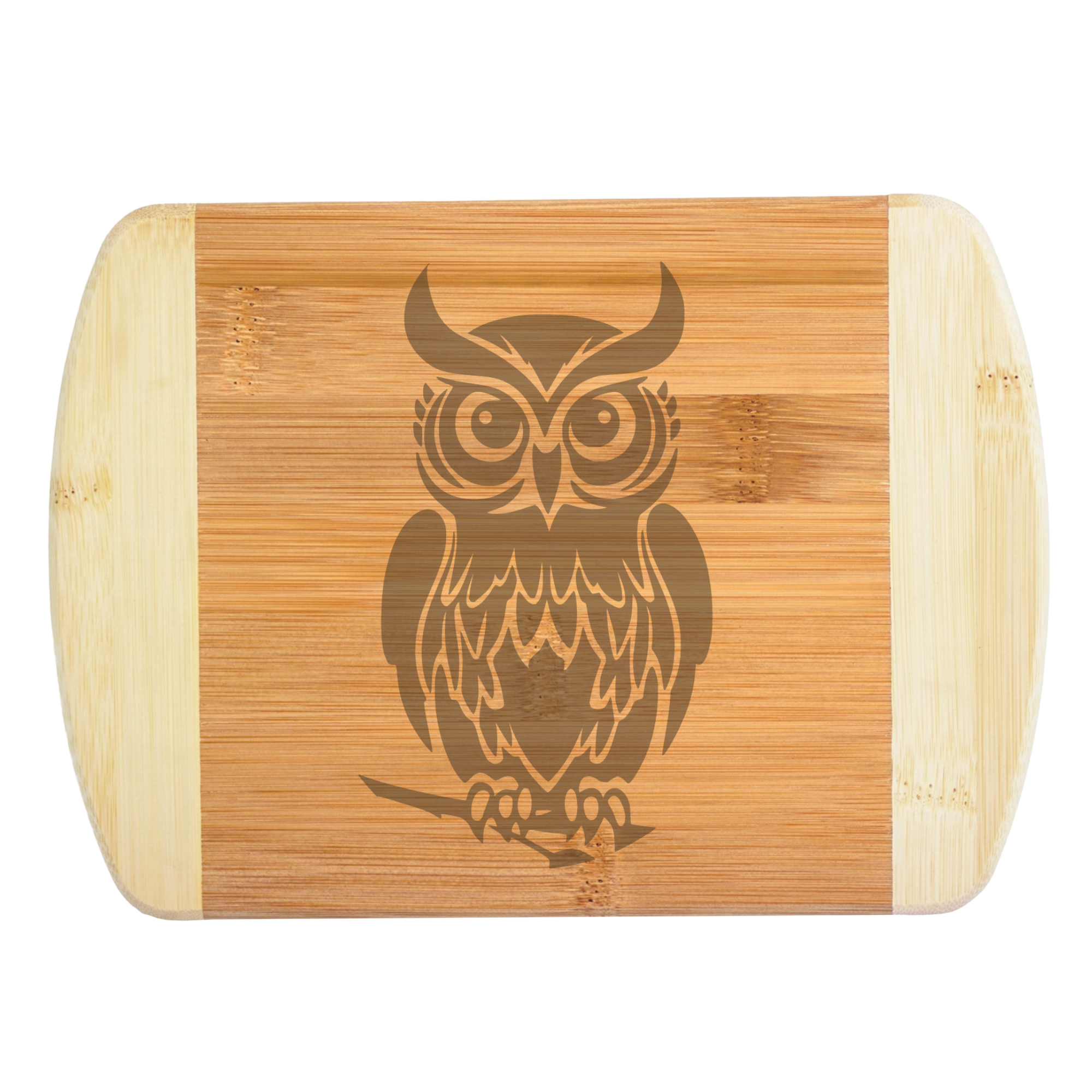 A premium engraved bamboo cutting board featuring a detailed modern illustration of a horned owl perched on a branch, handcrafted by The Blended Oasis in Washington State.